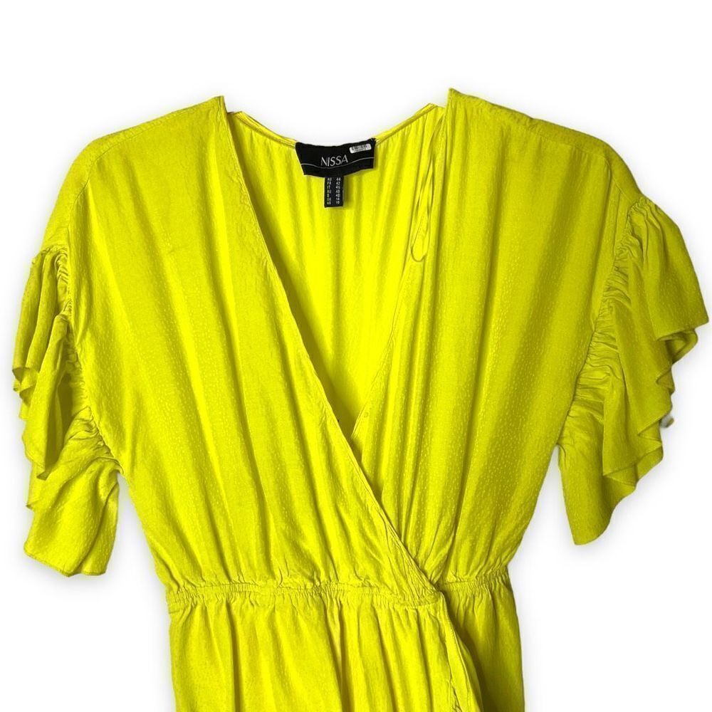 Nissa Ruffled Faux Wrap Mini Crepe Dress Short Sleeve Neon Yellow Size 10 - Picture 7 of 11